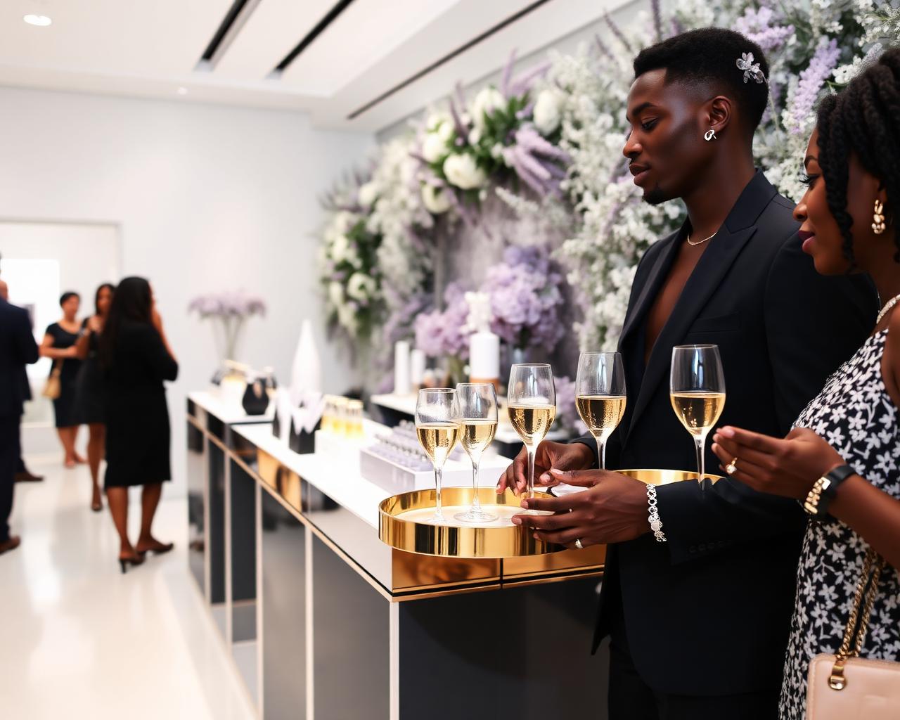 Luxury brand activation produced by All Things Noble, with lavender-lit installation and orchid plinths