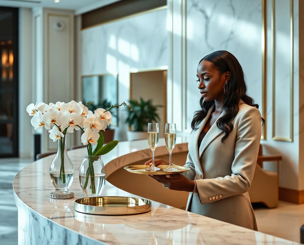 Minimal luxury hotel lobby with marble floors and orchids