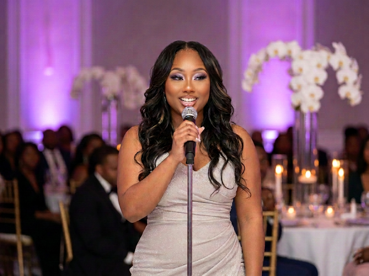 Kima hosting as master of ceremonies at an elegant gala