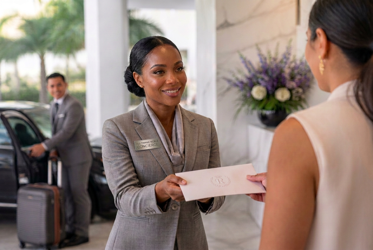 Concierge welcoming an arriving guest with a monogrammed welcome envelope