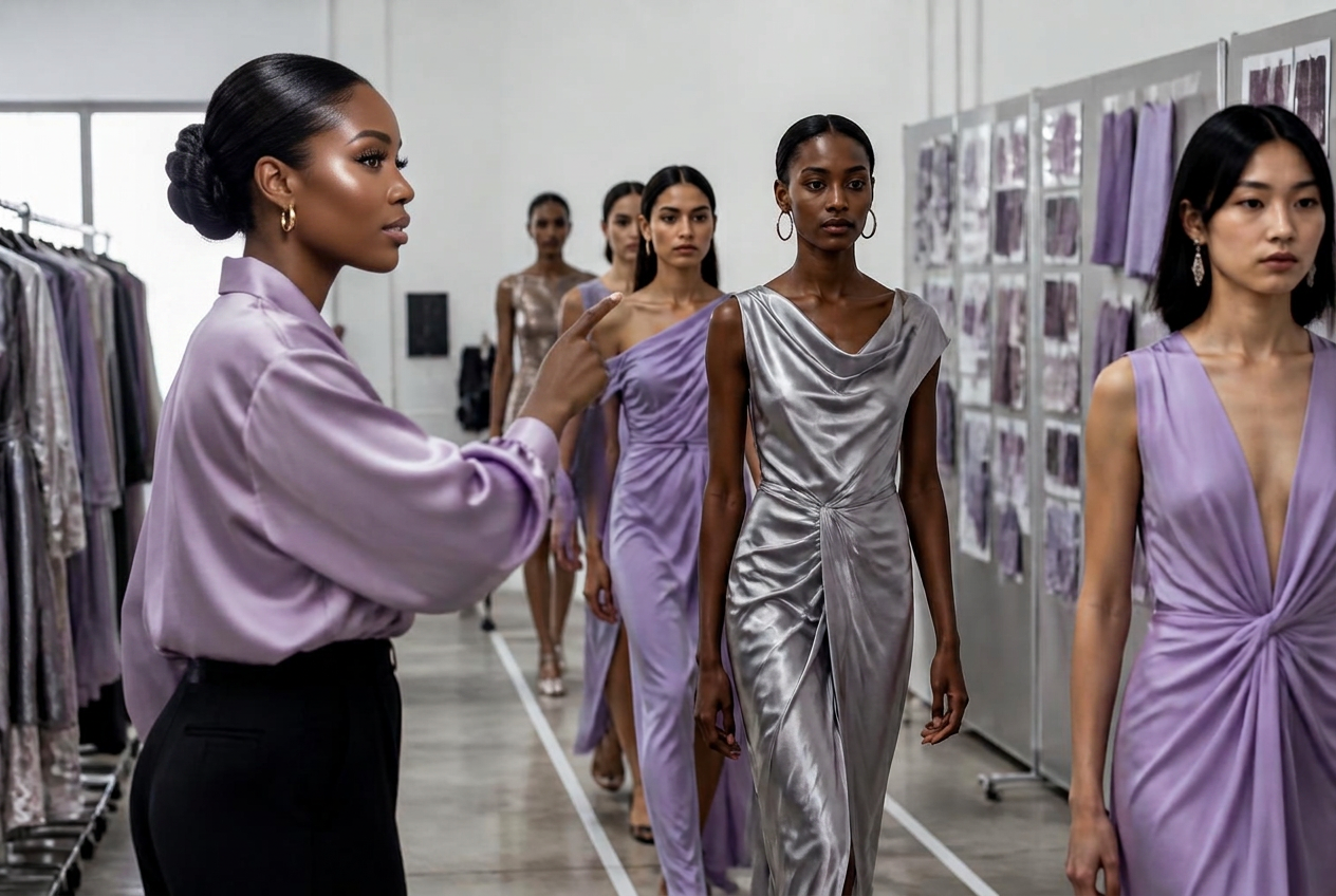 Designer directing a runway rehearsal with models in lavender and silver