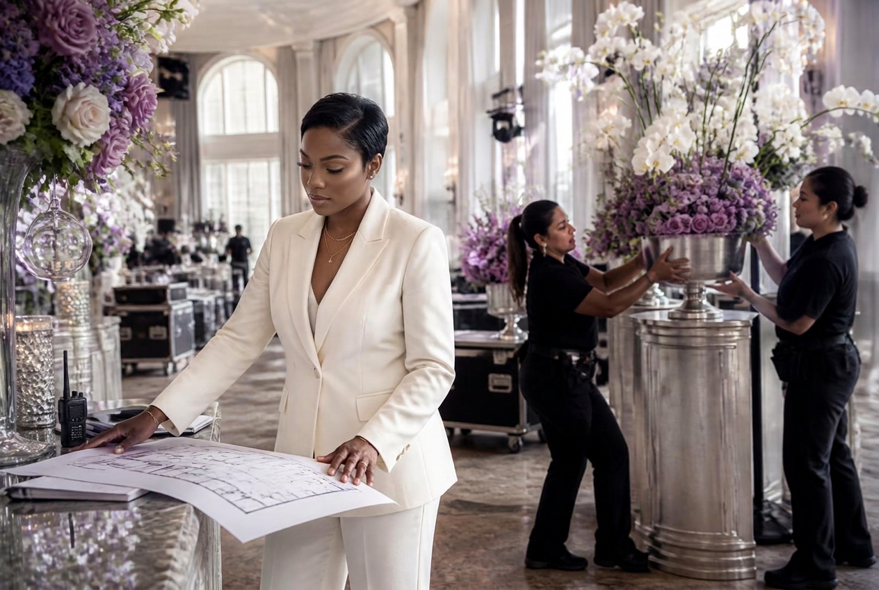 Creative director reviewing a ballroom floor plan during event load-in