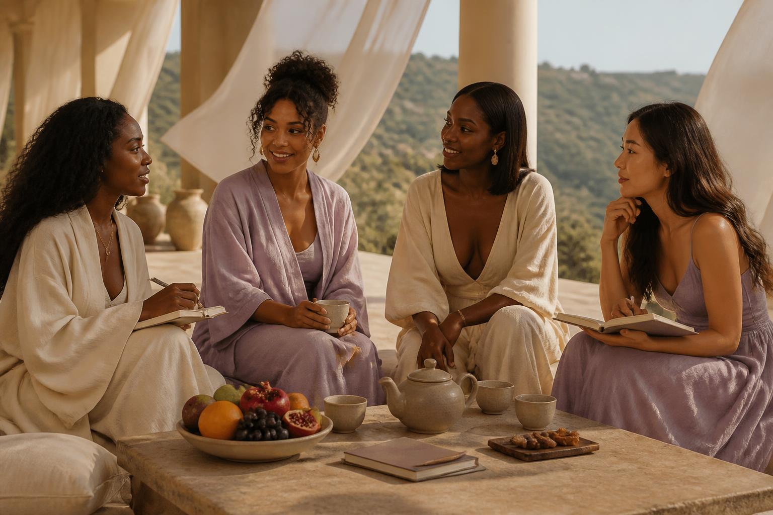 Retreat guests in linen gathered on a villa veranda at golden hour
